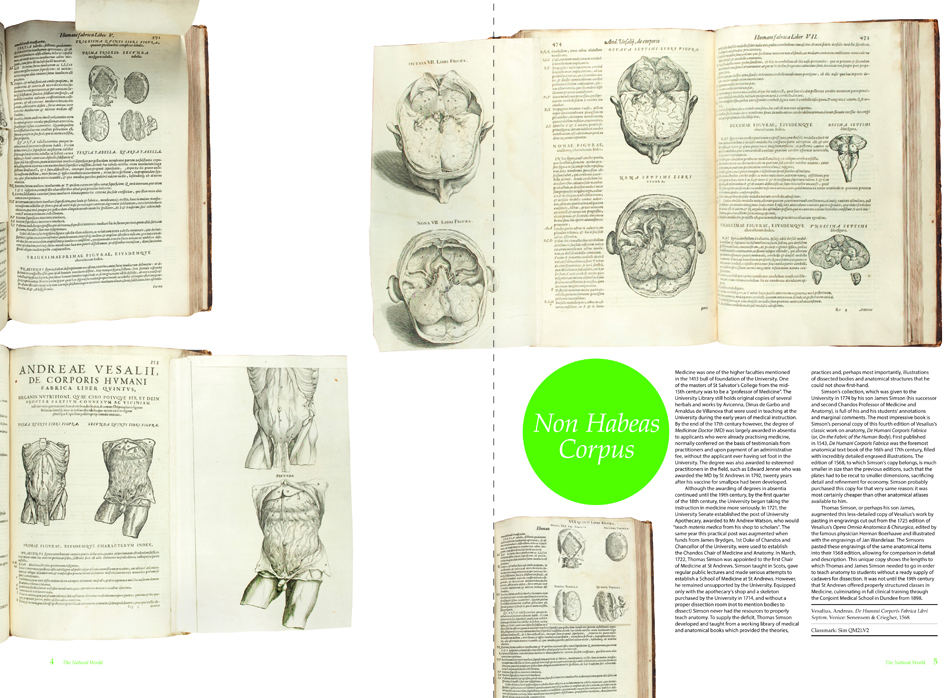 The two-page spread for Thomas Simson's copy of Vesalius' . De Humani Corporis Fabrica (Sim QM21.V2) from Issue 2 of 600 Years of Book Collecting