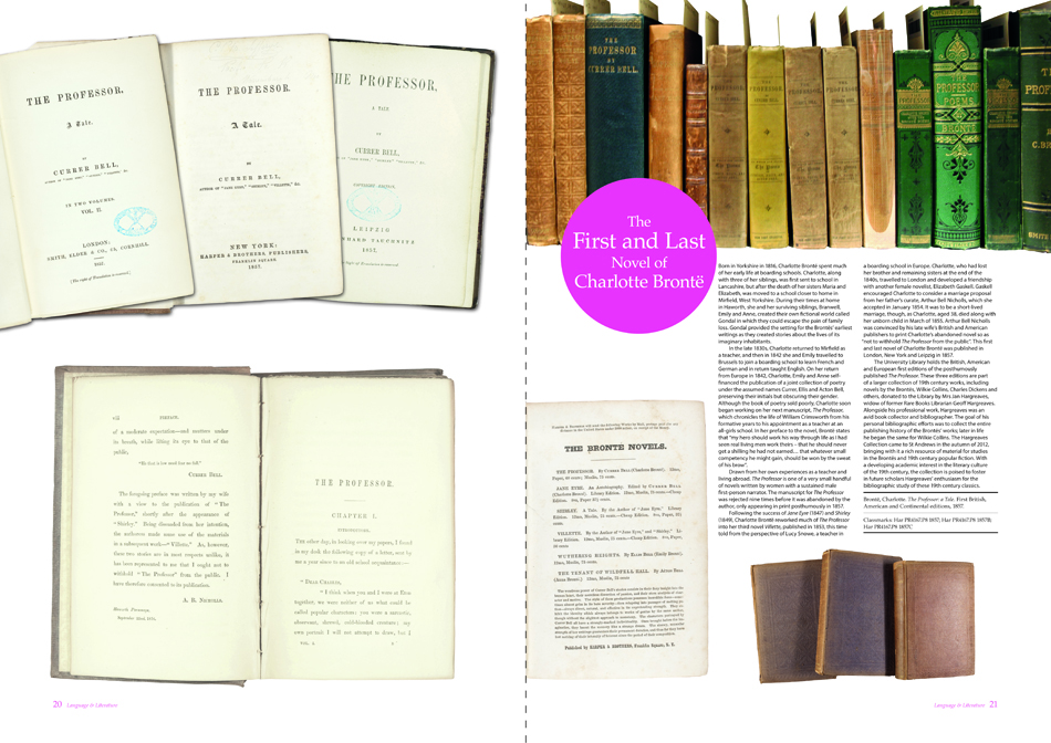 The two-page spread for the first English, American and European editions of Emily Brontë's The Professor from Issue 3 of 600 Years of Book Collecting