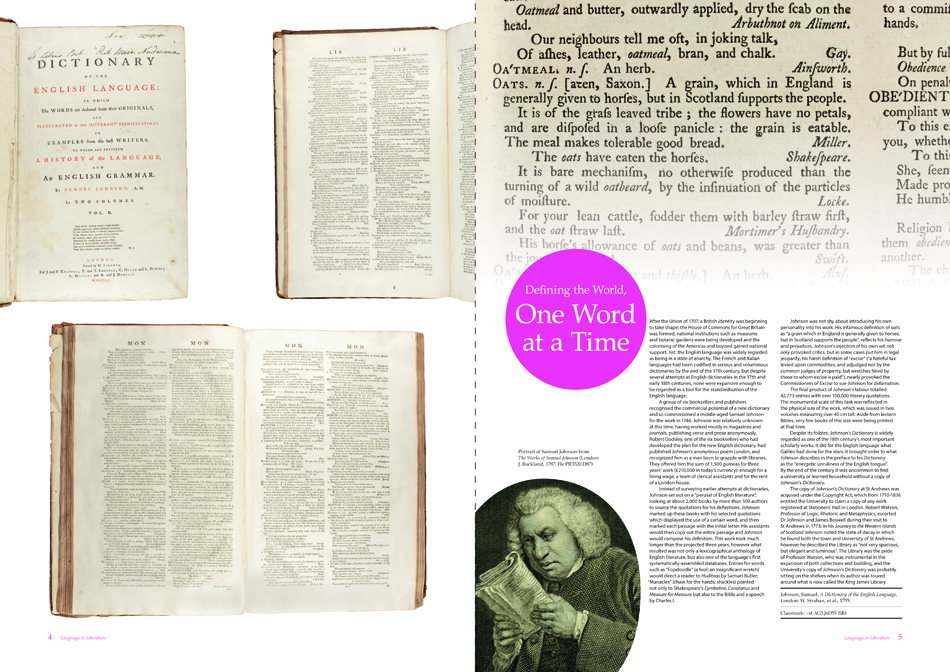 The two-page spread for Samuel Johnson's A Dictionary of the English Language (sf AG5.J6D55 (SR)) from Issue 3 of 600 Years of Book Collecting