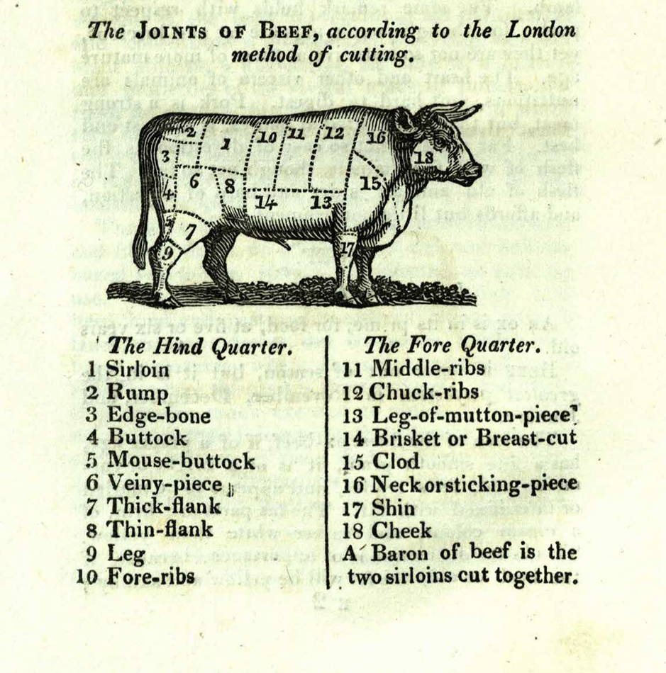 The joints of beef according to the London method of cutting. The Complete Servant, p. 76 (St Andrews copy sTX331.A2).