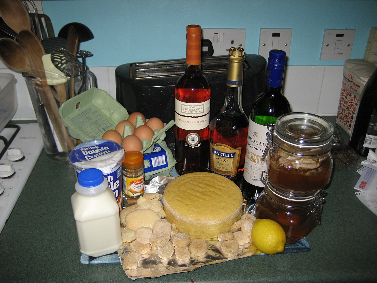 All of the ingredients needed to make the trifle.