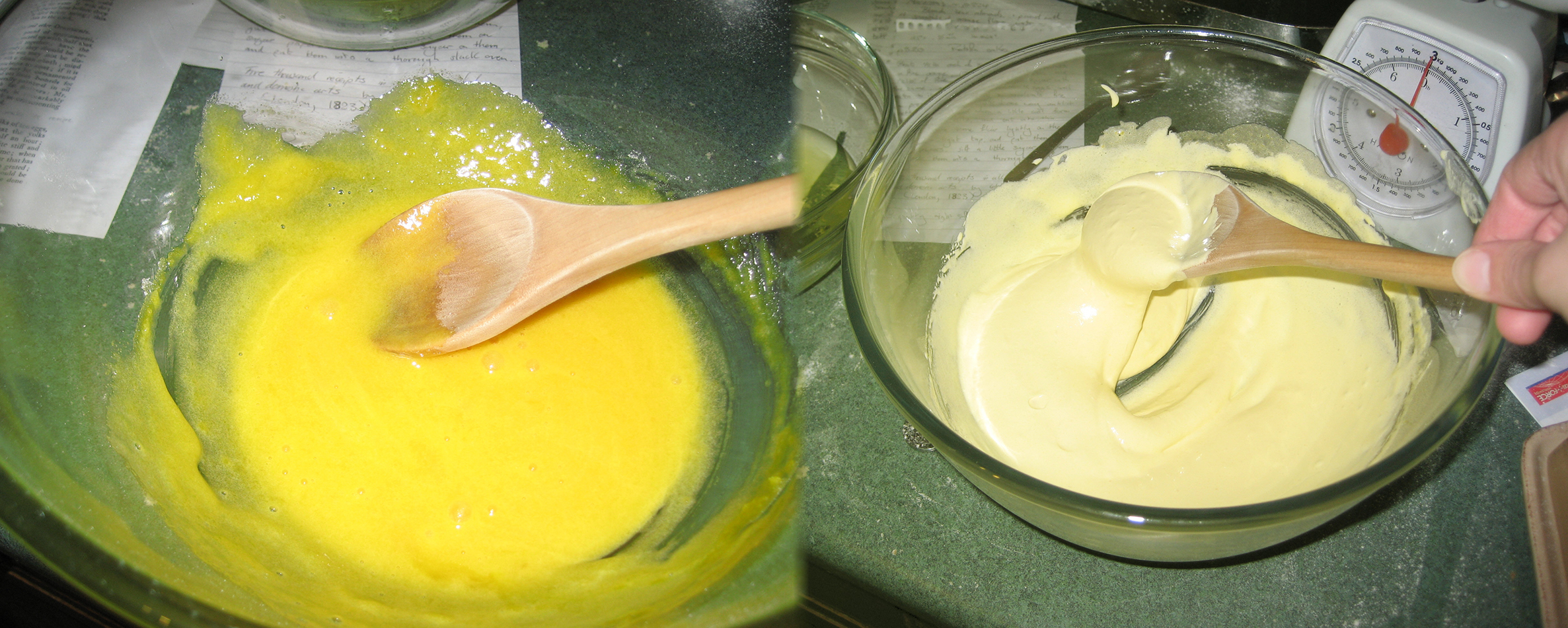The mixture of egg yolks and sugar before beating (on the left) and after beating for half an hour (on the right).