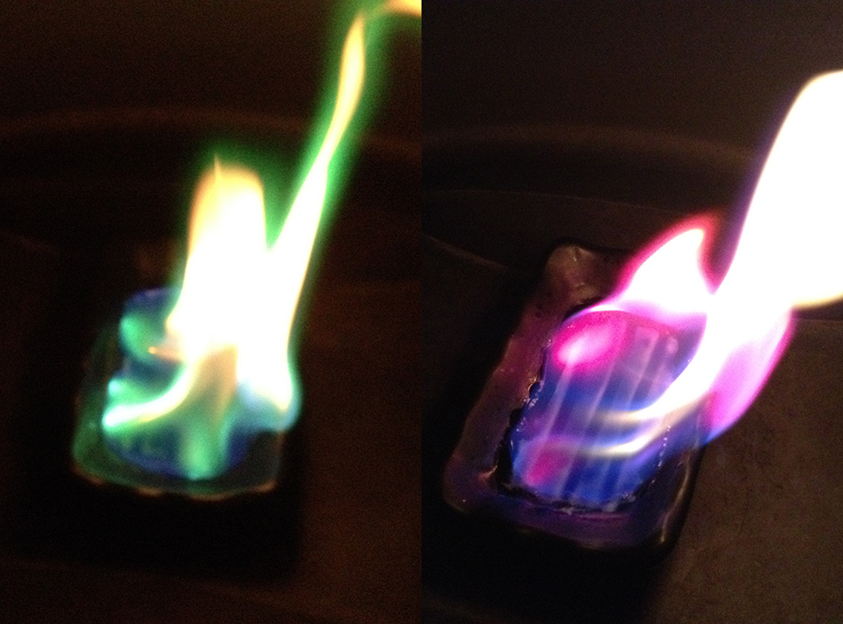 Experimenting with fire: On the left is Copper Chloride mixed with Bio-ethanol, on the right is Lithium Chloride mixed with Bio-ethanol.