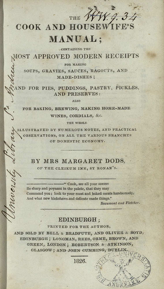 Title page of the first edition of The cook and housewife’s manual. St Andrews copy at s TX717.J6 (SR).