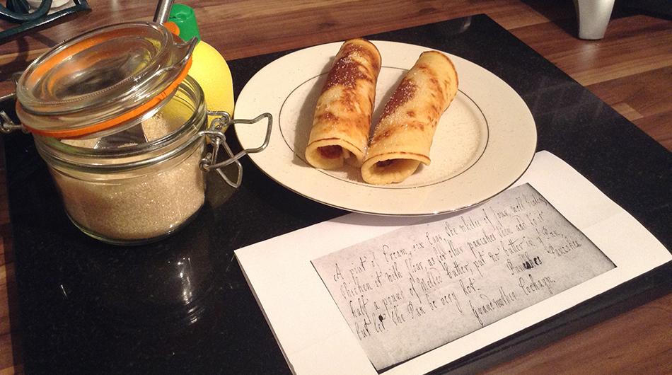 pancakes and photocopy of manuscript recipe.