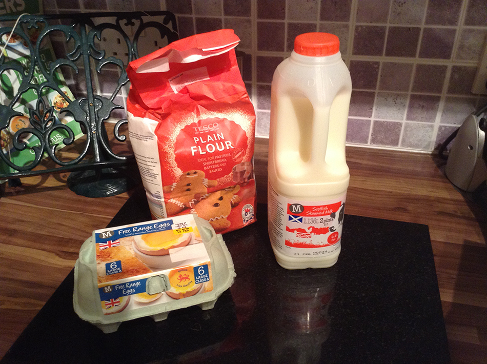 Ingredients for Mrs Greig’s pancakes, eggs, mik, flour..