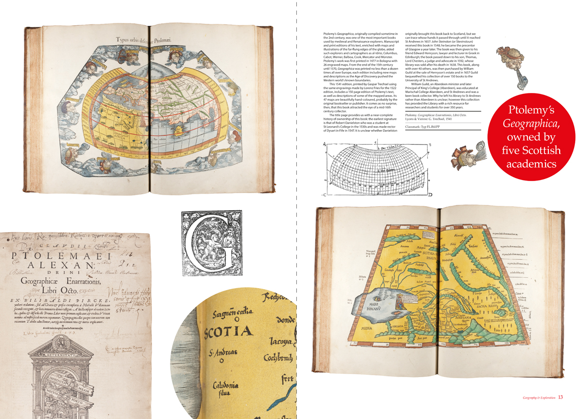 Two-page spread from Issue 5 of 600 Years of Book Collecting, featuring a hand-coloured 1541 printing of Ptolemy's Geographicae.