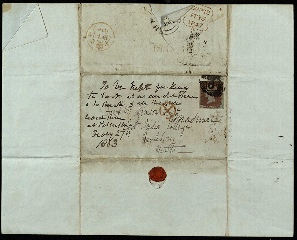 Reverse of a Valentine sent to Frank B Simson at the East India College (ms30353/90)