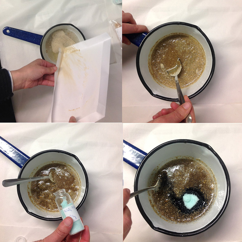 Adding the ingredients to the wine and gum solution. From the top to bottom left to right: adding the powdered galls, mixing the powder into the wine, adding the iron sulphate, the colour starts changing to a purplish black.