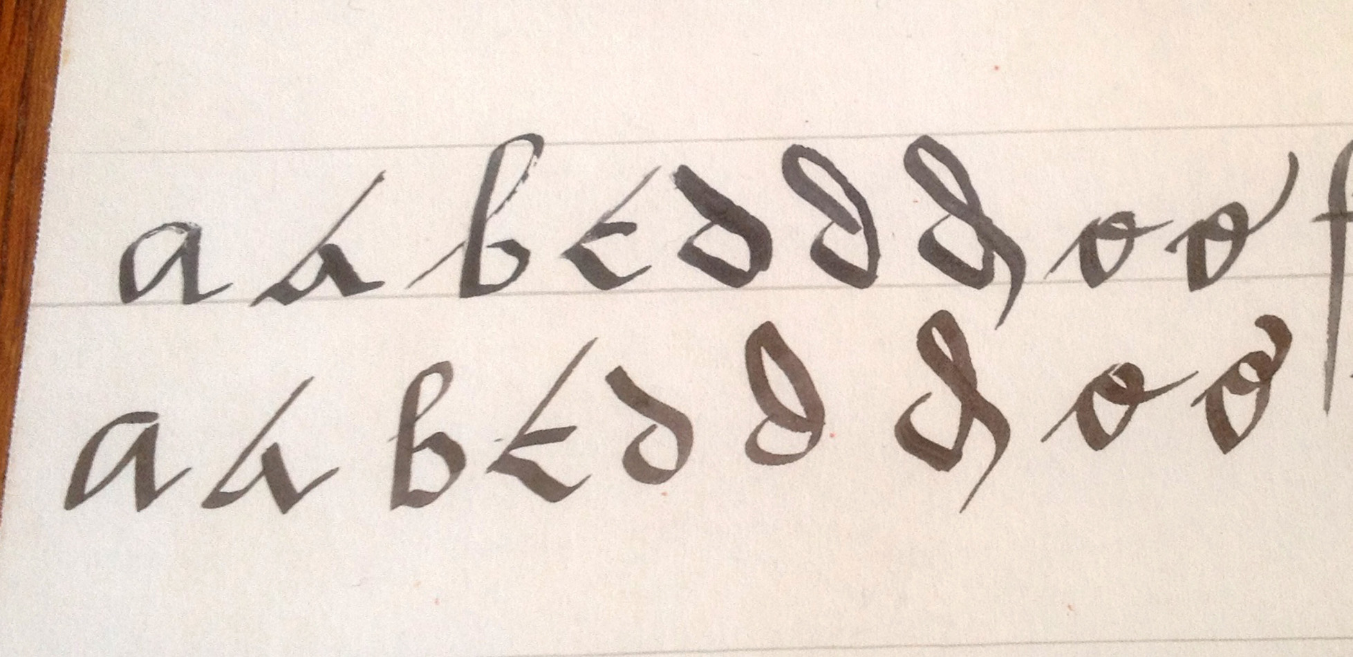 The first row of letters was written with our home-made iron gall ink and has a blue-black colour. The second row was written with a modern cartridge pen, and looks more brown in comparison.