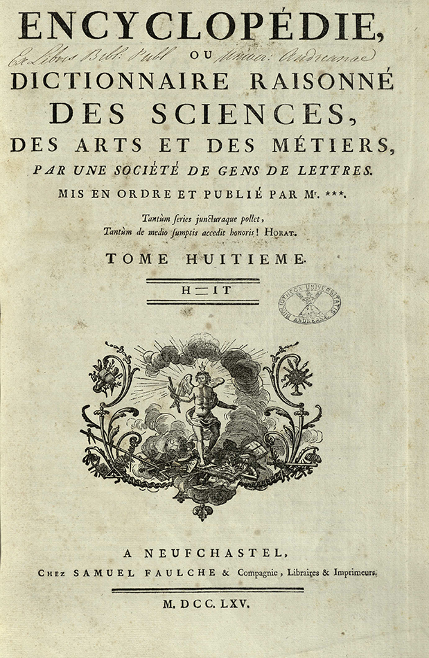 Title page from tome 8 of the Encyclopédie . After the removal of the royal licence, the authors’ names no longer appear, and a false name and address was given for the imprint.