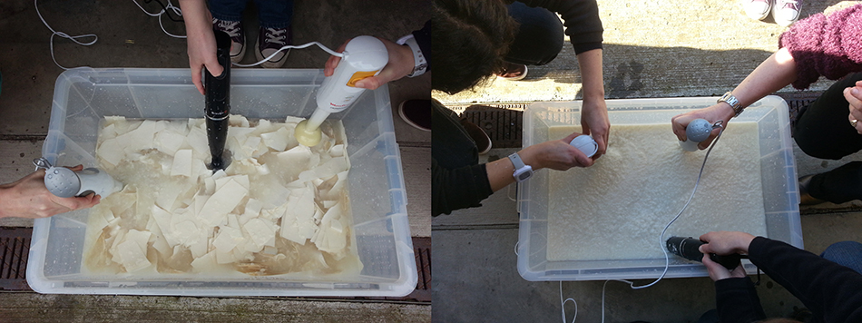 On the left are the soaked bits of paper at the start of the pulping process, and on the right the finished product. Before being watered down it looked very much like porridge, but felt silky to the touch.