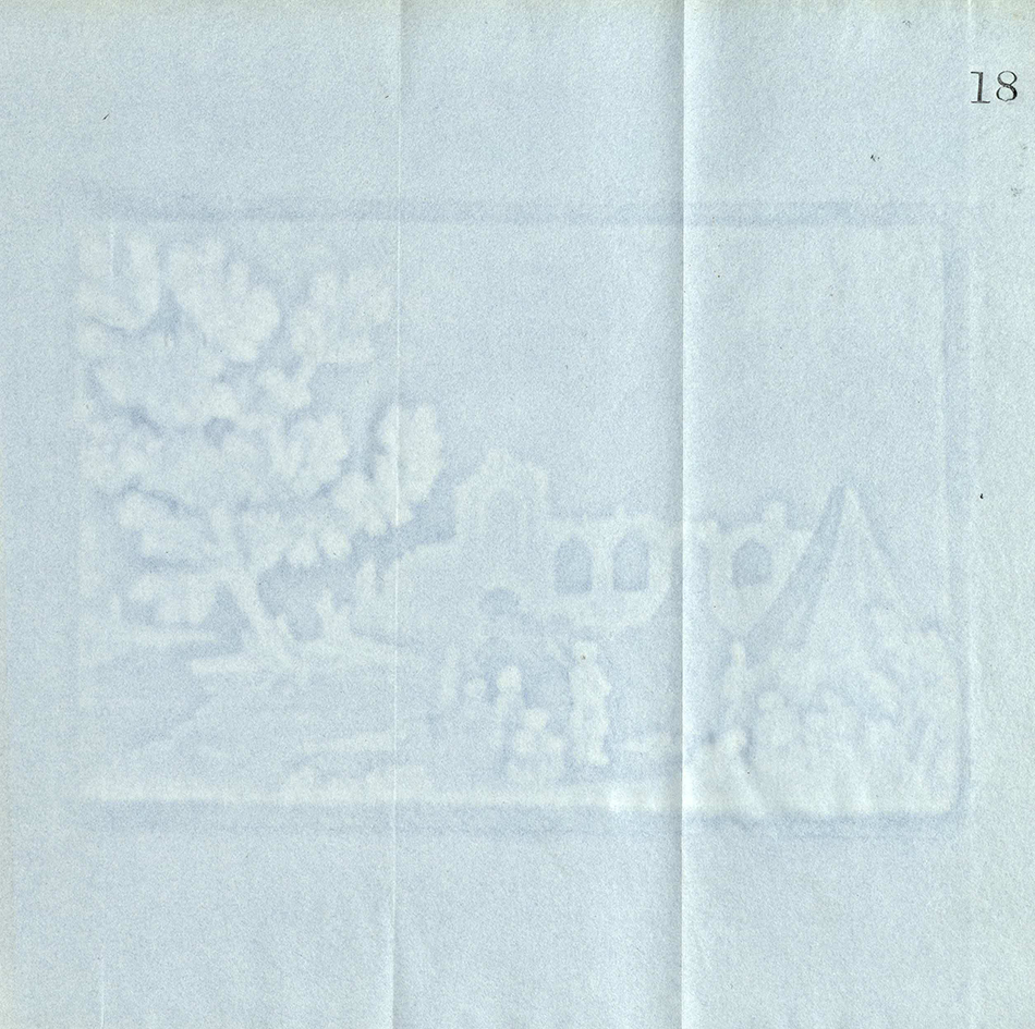 The thickness of the pulp could be varied deliberately when making paper; the effect of light and shade would then produce a picture, as is demonstrated in this sample from  Paper & Paper Making, Ancient and Modern, by Richard Herring (London, 1856).