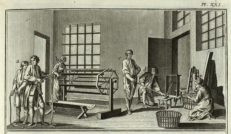 Here we can see workers skilled in the art of passementerie, that is, the art of making elaborate trimmings or edges. The working space is very clean and ordered, a deliberate attempt to glorify the domestic manufacture of French goods. Encyclopédie. Planches tome 11, pl. XXI (St Andrews copy sf AE25.D5)