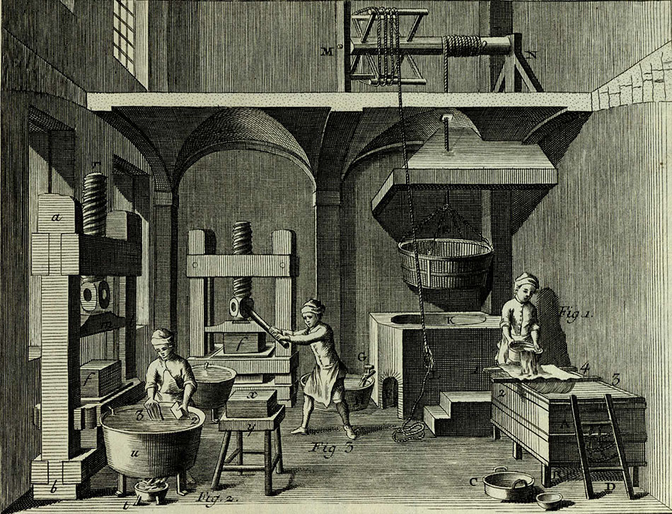 Here we can see the paper being ‘sized’ in the factory, giving the paper an impermeable surface suitable for writing upon. Encyclopédie,  Planches tome 5, pl. XI (St Andrews copy sf AE25.D5)