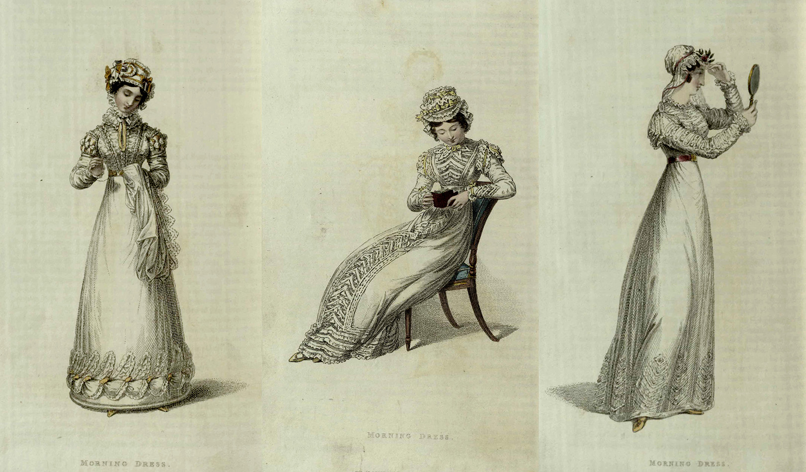1820s Fashion plates from Ackermann's Repository featuring muslin gowns.