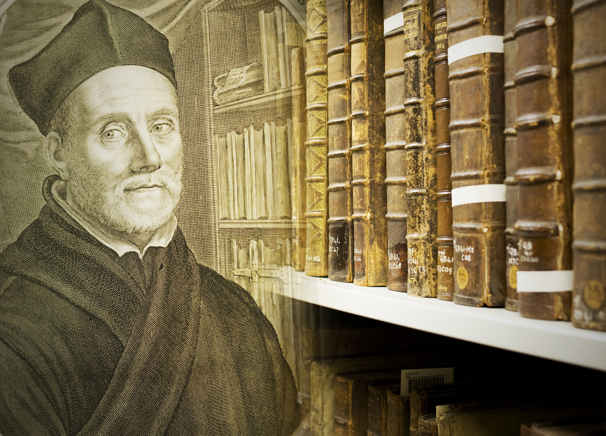 Portrait of Athanasius Kircher with some of our 17th century folio stacks.