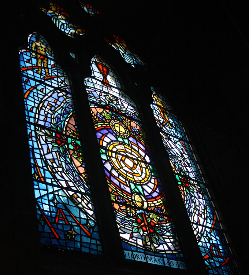 One of the stained glass windows from the Martyrs Kirk Research Library