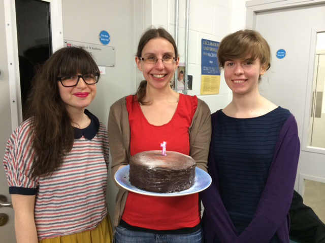 Happy First Birthday Lighting the Past! On the left is Cecilia Vinesse, one of the original members who started back in June 2013; in the middle, Briony Aitchison, Lead Cataloguer of the project; on the right, Morag Wells, the latest recruit, having started in February 2014.