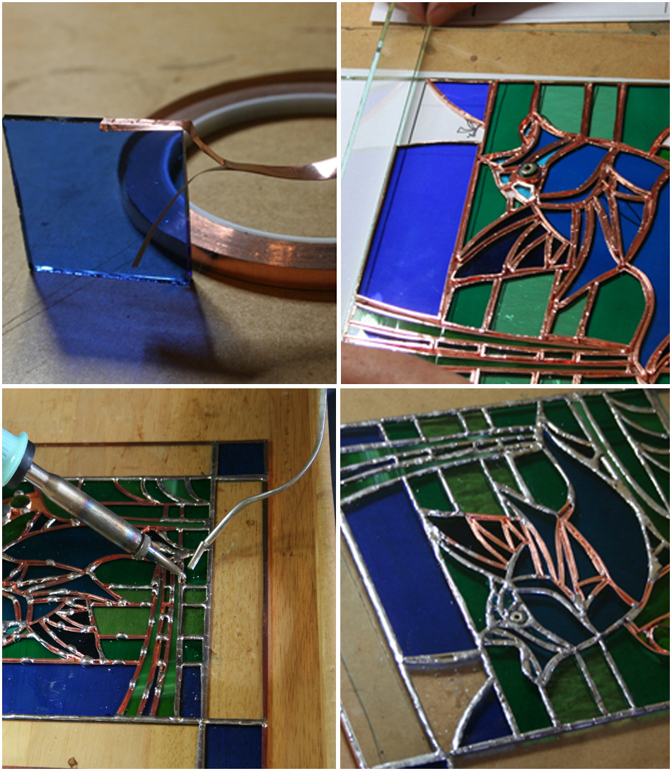 Stained glass work, step-by-step. Clockwise from top-left: Wrapping the glass, preparing the frame, showing beginning of soldering process, soldering almost complete.