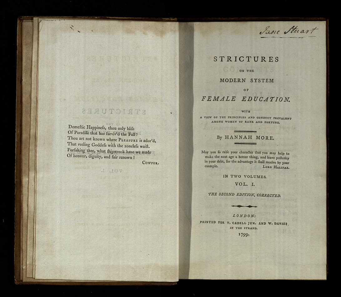Title page of Hannah More, Strictures on the modern system of female education, 1799. Second edition. St Andrews copy at For LC1421.M6. 