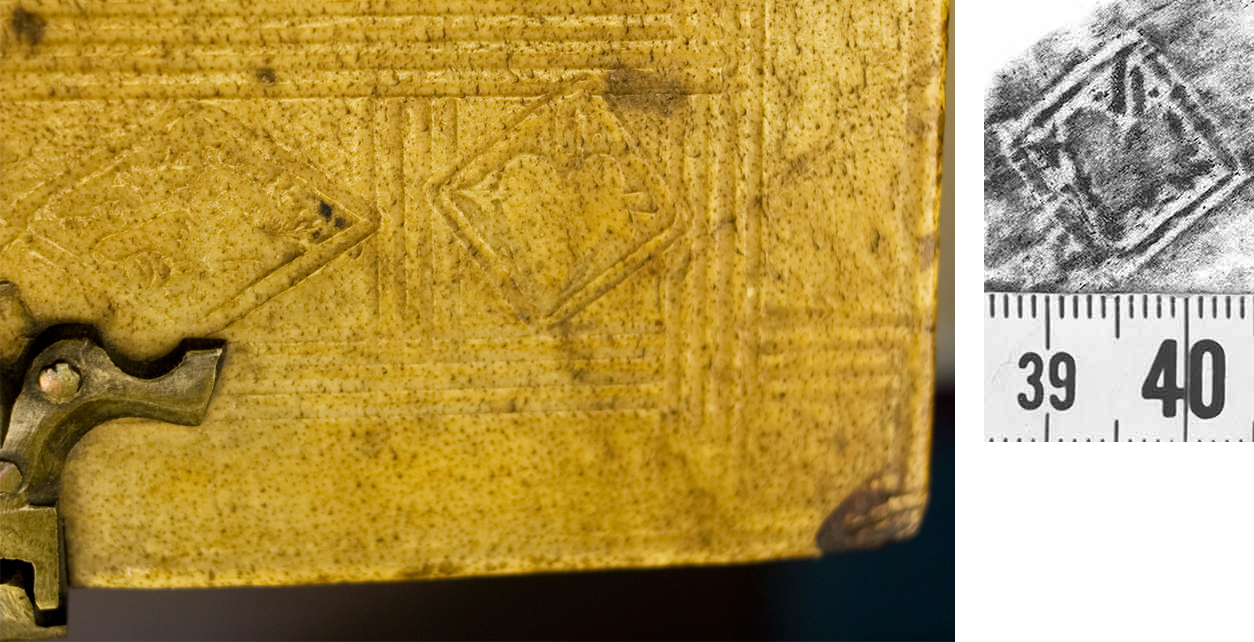 Detail of the heart-pierced-by-arrow stamp on St Andrews' TypIP.A89BA (left) and a rubbing from three different bindings found in the Herzog August Bibliothek at Wolfenbüttel