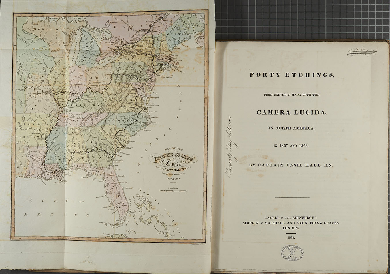 02b Title page and fold out map showing Capt Hall's route through Canada and America in 1827 and 1828 [rfF1013.H2]_1