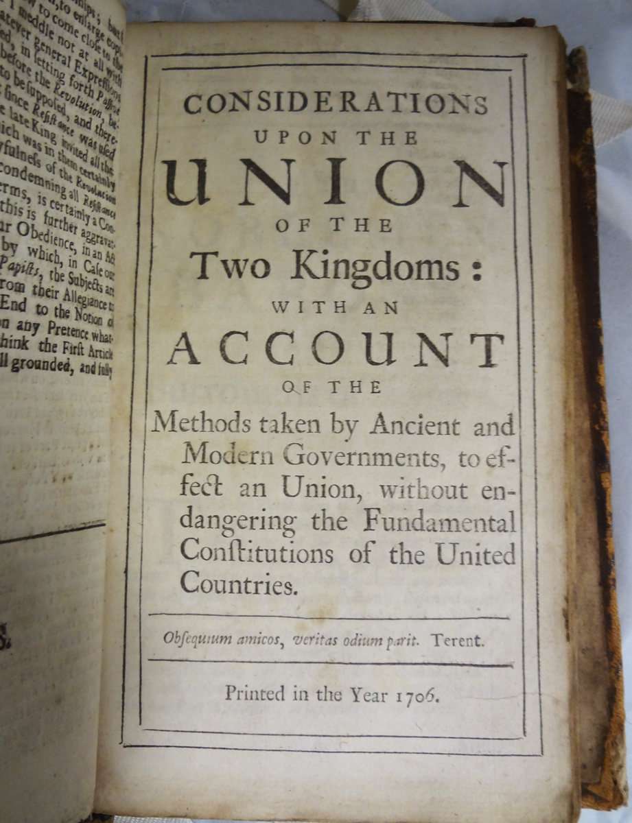Title page from George Ridpath's anonymous Considerations upon the union of the two kingdoms (1706); St Andrews copy at For DA807.R5