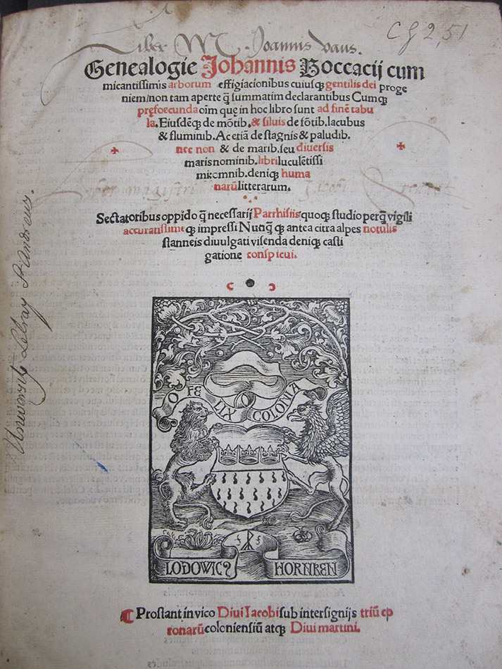 Title page of Genealogia Deorum Gentilium TypFP.B11RB, signed by John Vaus.