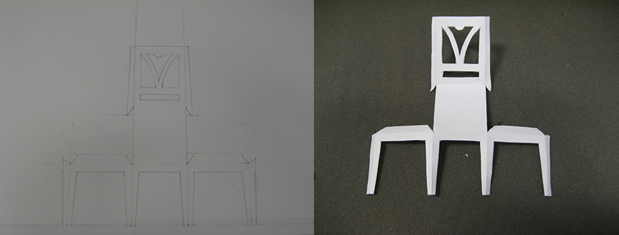 My drawing of the chair template, and the cut-out template ready for assembly.