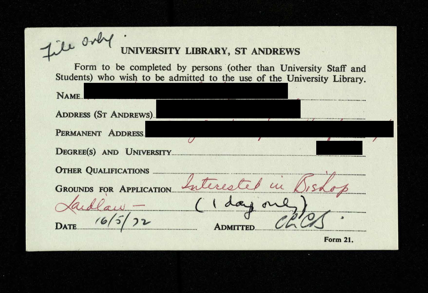 An example of a registration card for external readers of the library – note that they had to supply “Grounds for Application” (UYLY/203/1). 