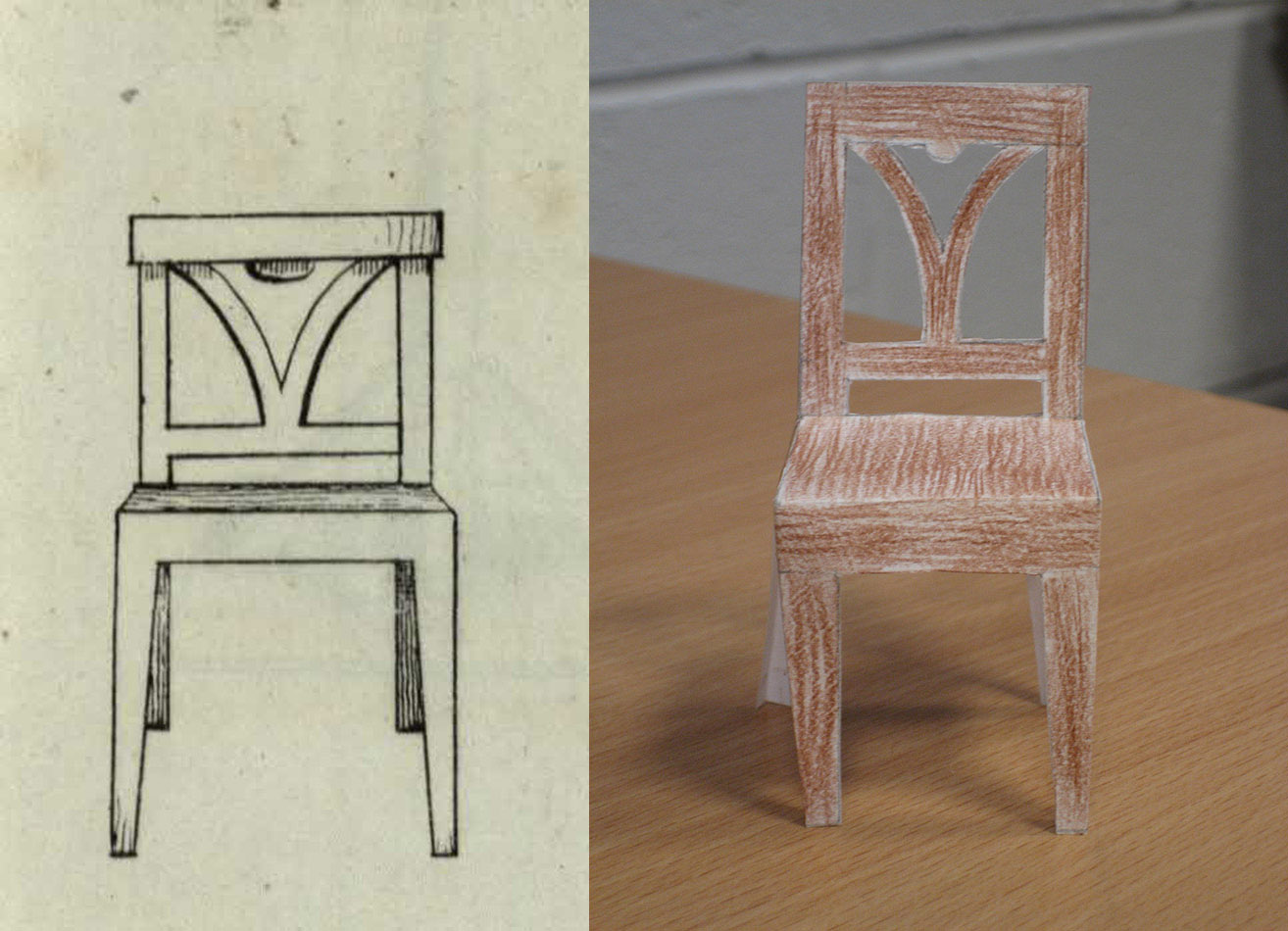The illustration of the chair as given in the book, and my second attempt. 