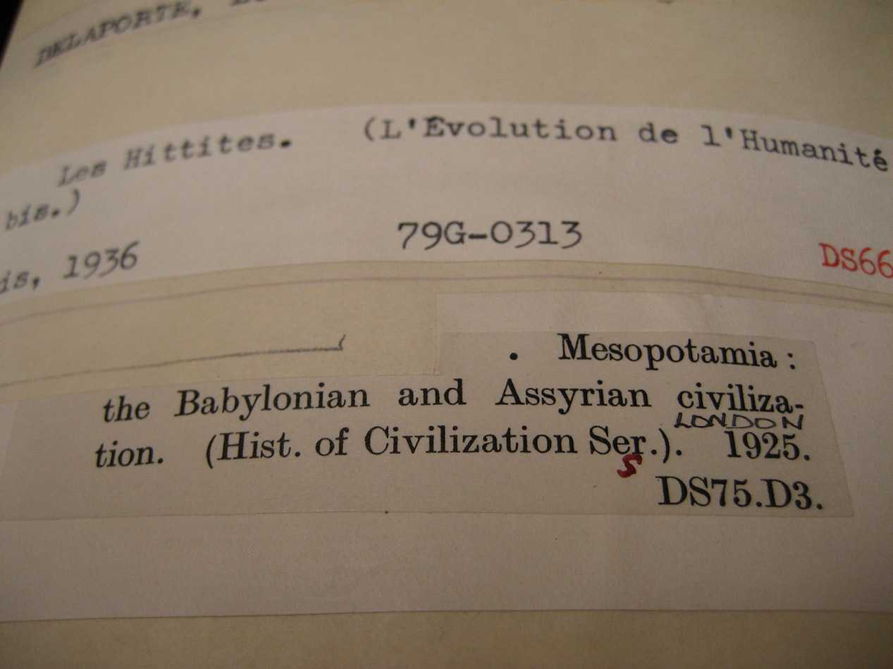 The entry in the Author Catalogue for the book I wanted to borrow, L. Delaporte’s Mesopotamia: the Babylonian and Assyrian civilization (London, 1925).