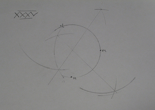 My attempt at exercise 35, “To draw a circular Arch through three given Points which are not in a straight line”.