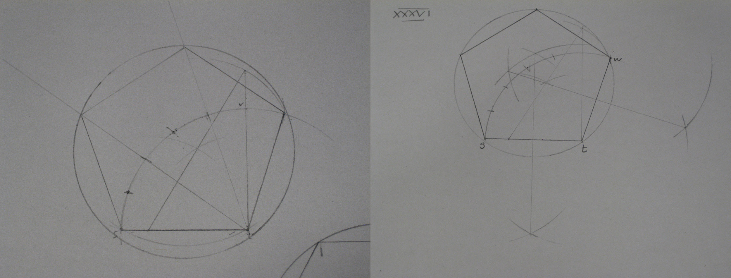 On the left, my attempt at drawing the pentagon before I’d read exercise 35 (the circle was drawn in afterwards, but I failed to locate the centre point), and on the right my attempt afterwards, where the arches to locate the centre of the circle can be seen.