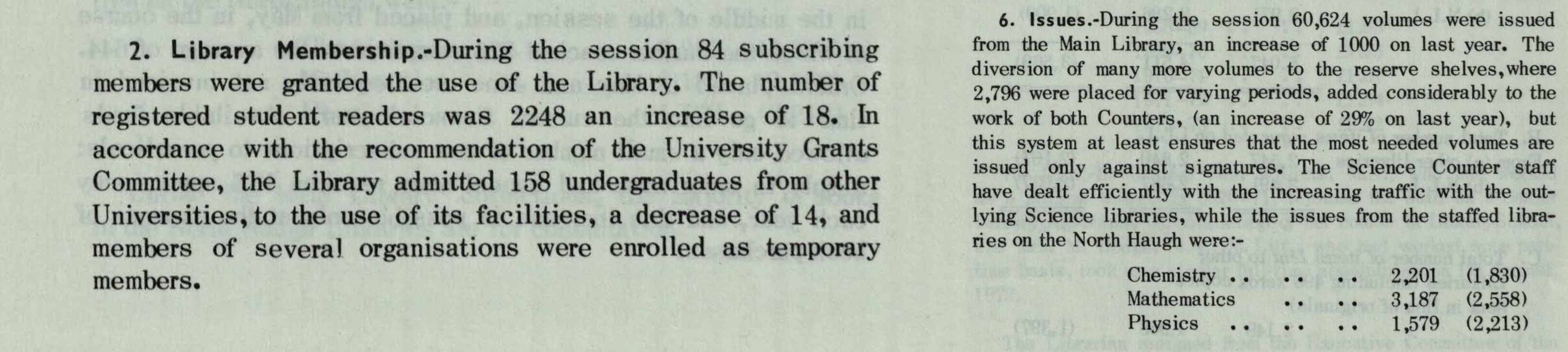 Extracts from Abstract of Library Report 1972-73, revealing library membership and the number of items issued for the session 1972/73 (UYLY465). 