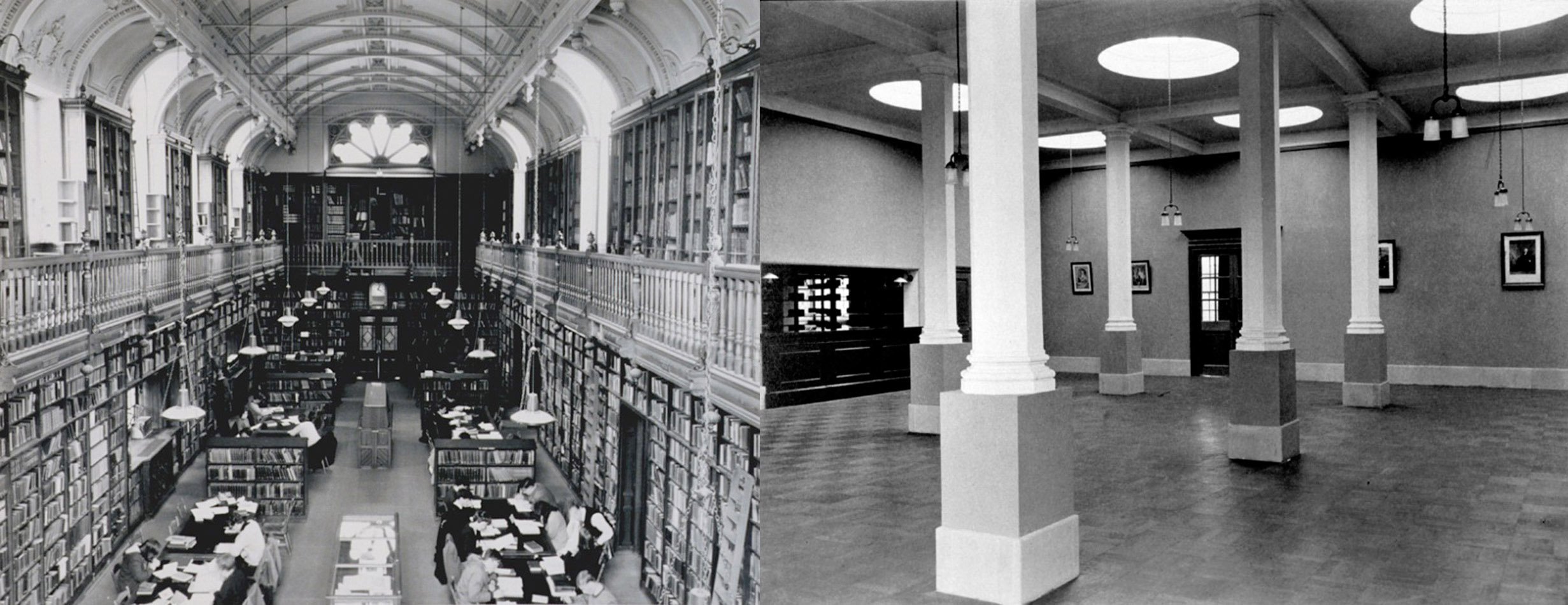 On the left, the Arts Reading Room of the Library in 1965, an extension built in 1888-89; on the right, the Science Reading Room in 1911, in the Carnegie Building extension of 1909. These were the two main reading rooms of the Library in 1972/73, and housed the books on open access in their respective subject areas. Photographs by G.M. Cowie (StAU-SouS-Lib-62) and Partick (StAU-SouS-Lib-21).
