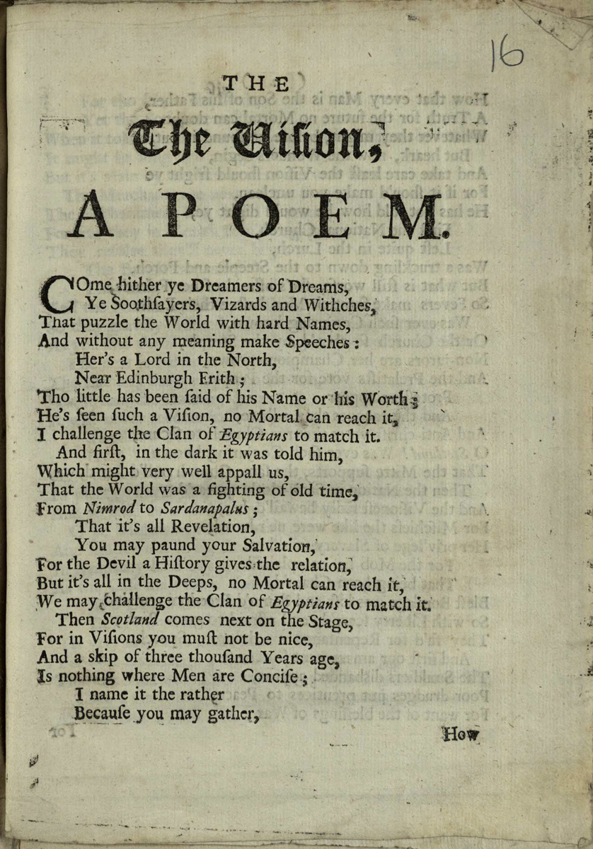 The opening page of Daniel Defoe's anonymous "The Vision" (1706); St Andrews copy at r17 DA370.P8