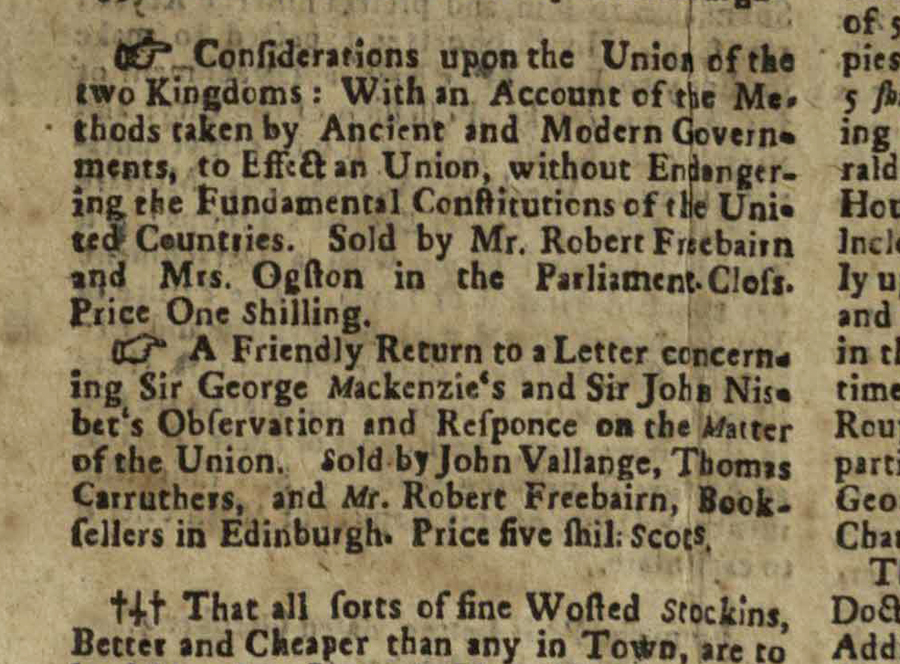 Advertisements for two pamphlets on the Union from the 7-9 October 1706 issue of the Edinburgh Courant