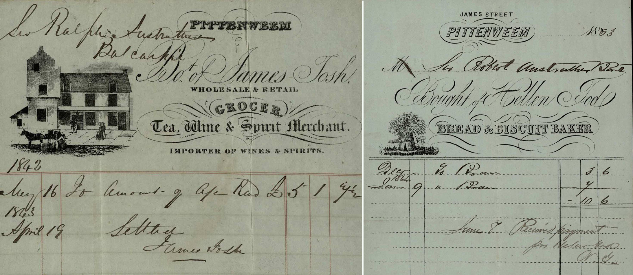 Receipts from James Tosh, Grocer, Pittenweem (1843) and Hellen Tod, Bread and Biscuit maker, Pittenweem (1863).
