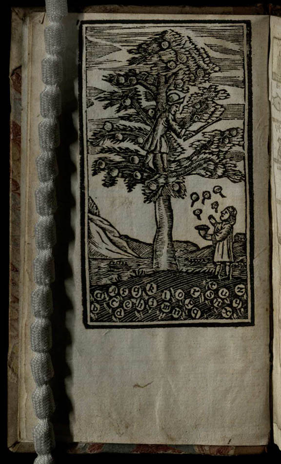 Two men collect apples from a tree.  The apples which have fallen to the ground have the letters of the alphabet on them (The London Spelling-Book, St Andrews copy at r LB1526.3U8)]