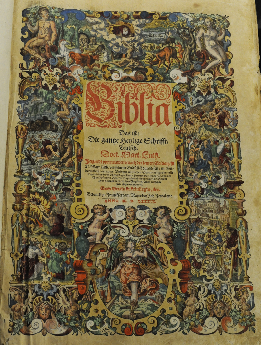 Hand-coloured title page to a 1589 edition of Luther's Bible (St Andrews copy Bib BS239.B89)