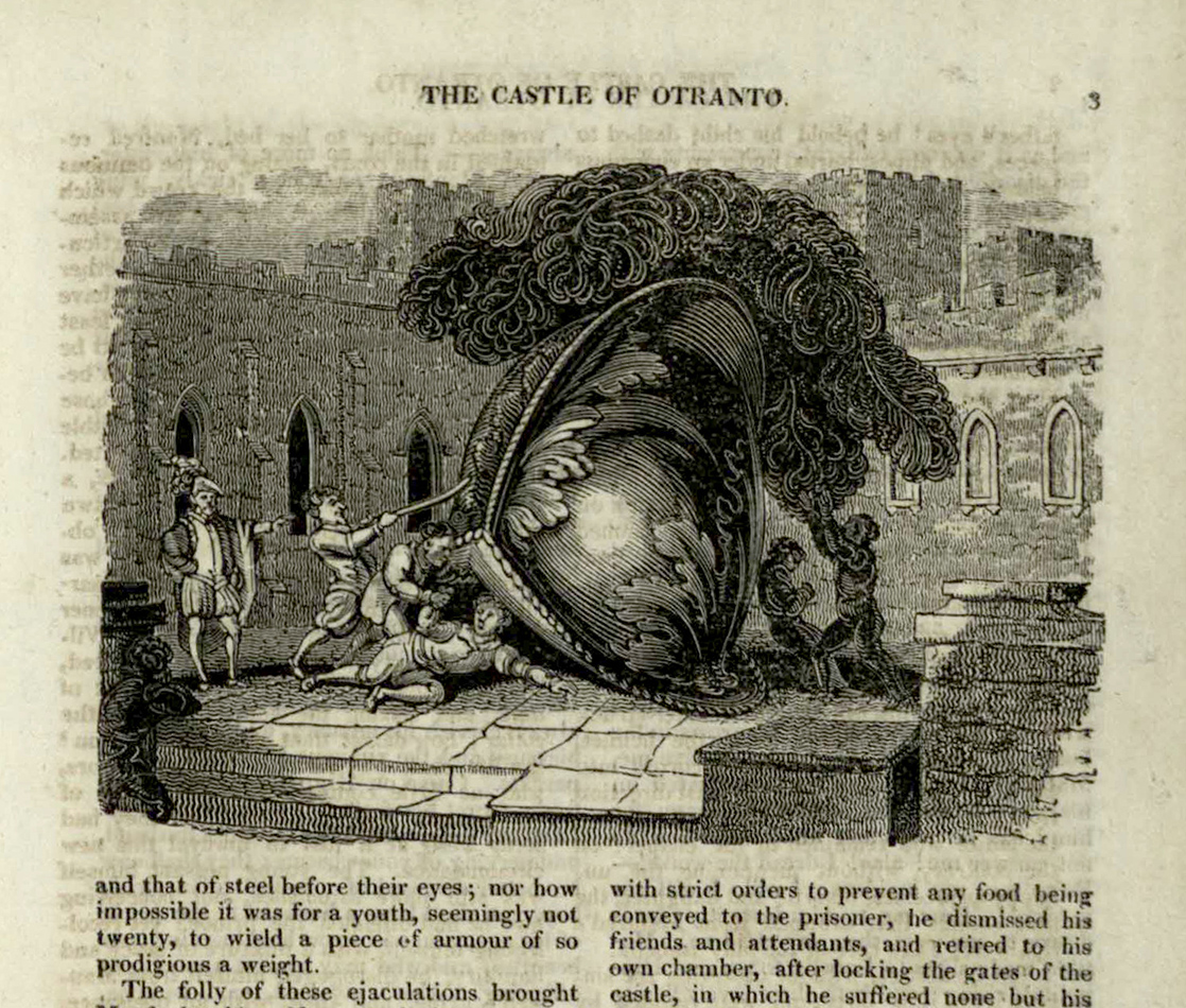 An illustration depicting the gigantic helmet from an 1824 edition of The Castle of Otranto, published as part of Limberd's edition of the British novelists. (Fle PR1297.E23)