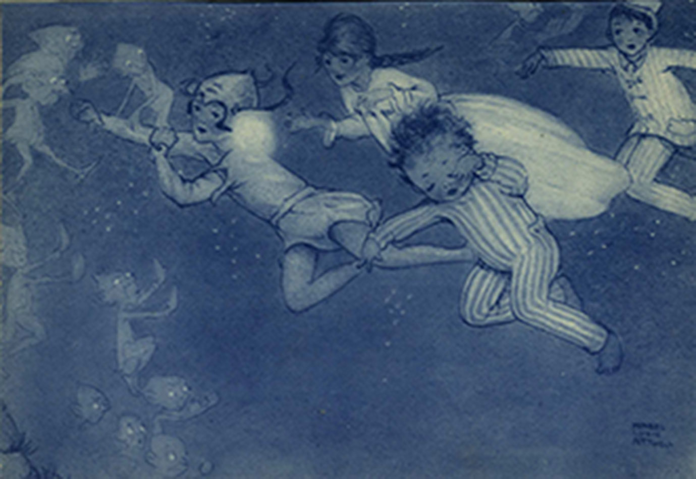 Flying to Neverland, illustration by Mabel Lucie Atwell. Atwell was Barrie’s preferred illustrator of Peter Pan.