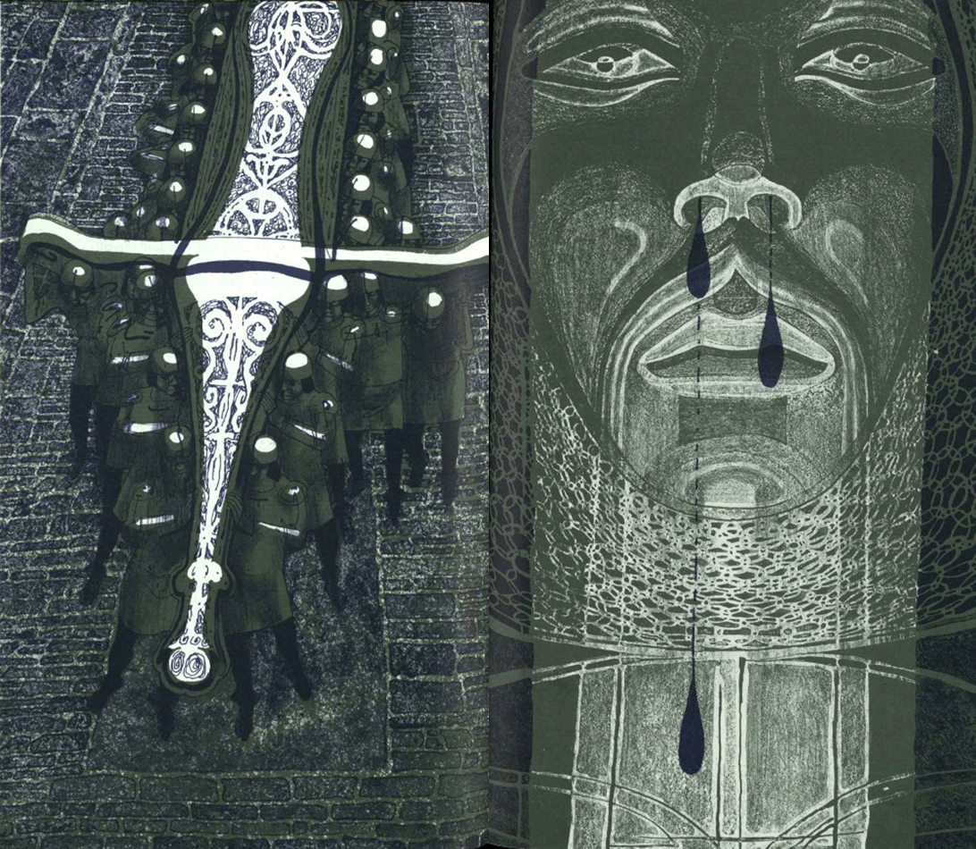 The supernatural elements in the story include a knight with a gigantic sword, and a statue which develops a portentous nosebleed. Illustrations by Charles Keeping from the 1976 Folio Society edition. (r PR3757.W2C2F76)