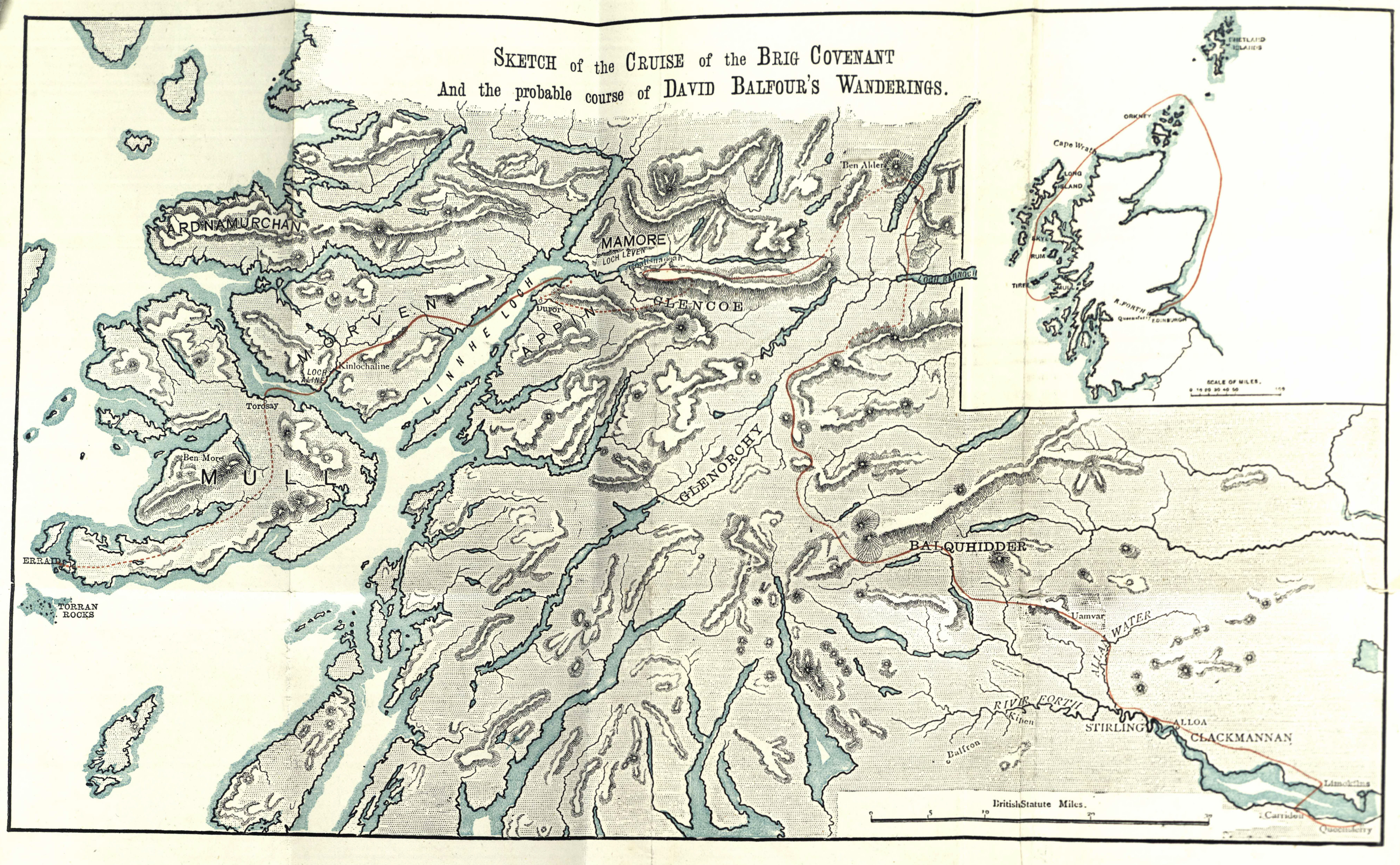 The fold-out map of the "cruise of the Brig Covenant and the probably course of David Balfour's wanderings" from the first edition of Kidnapped (1886)