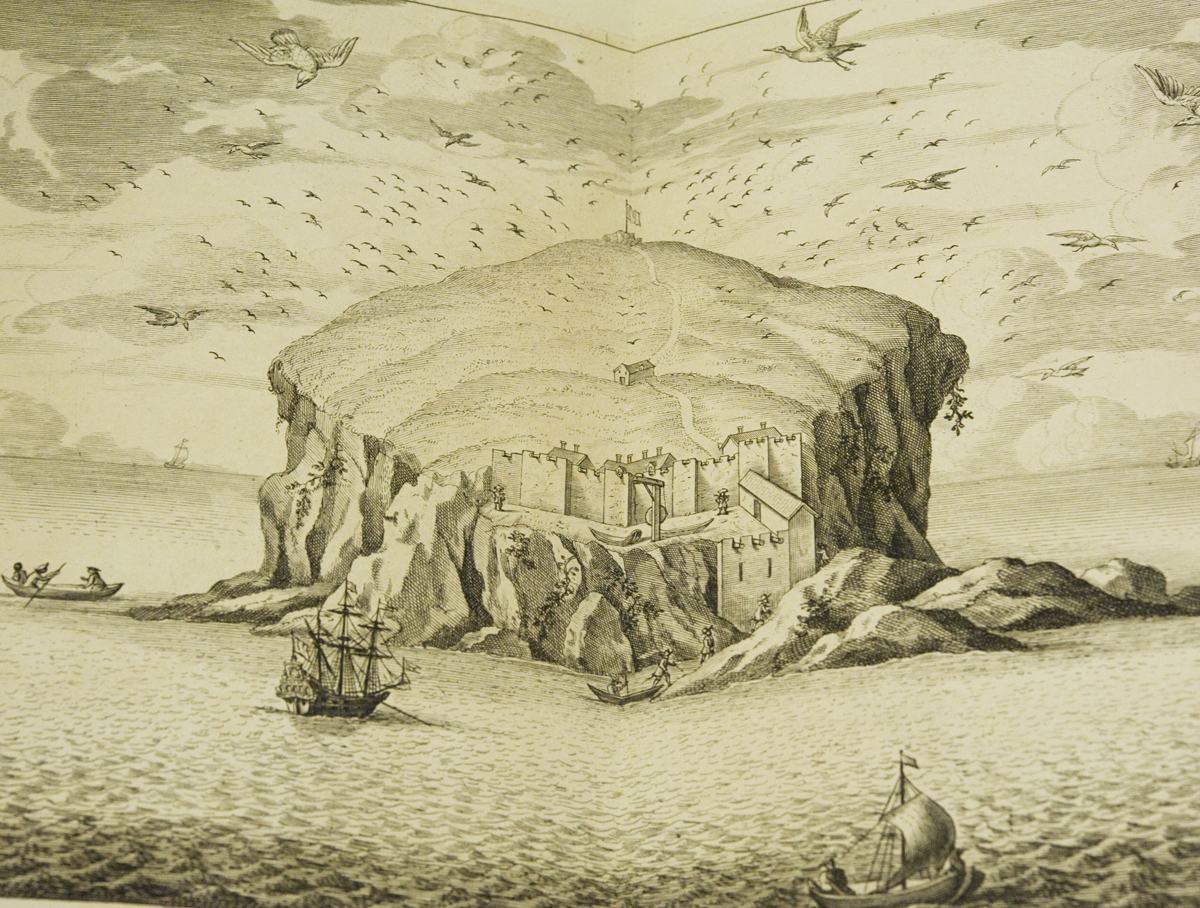 A depiction of the Bass Rock from John Slezer's Theatrum Scotiae (1718), showing the old castle, chapel, and probable landings as David Balfour might have experienced.