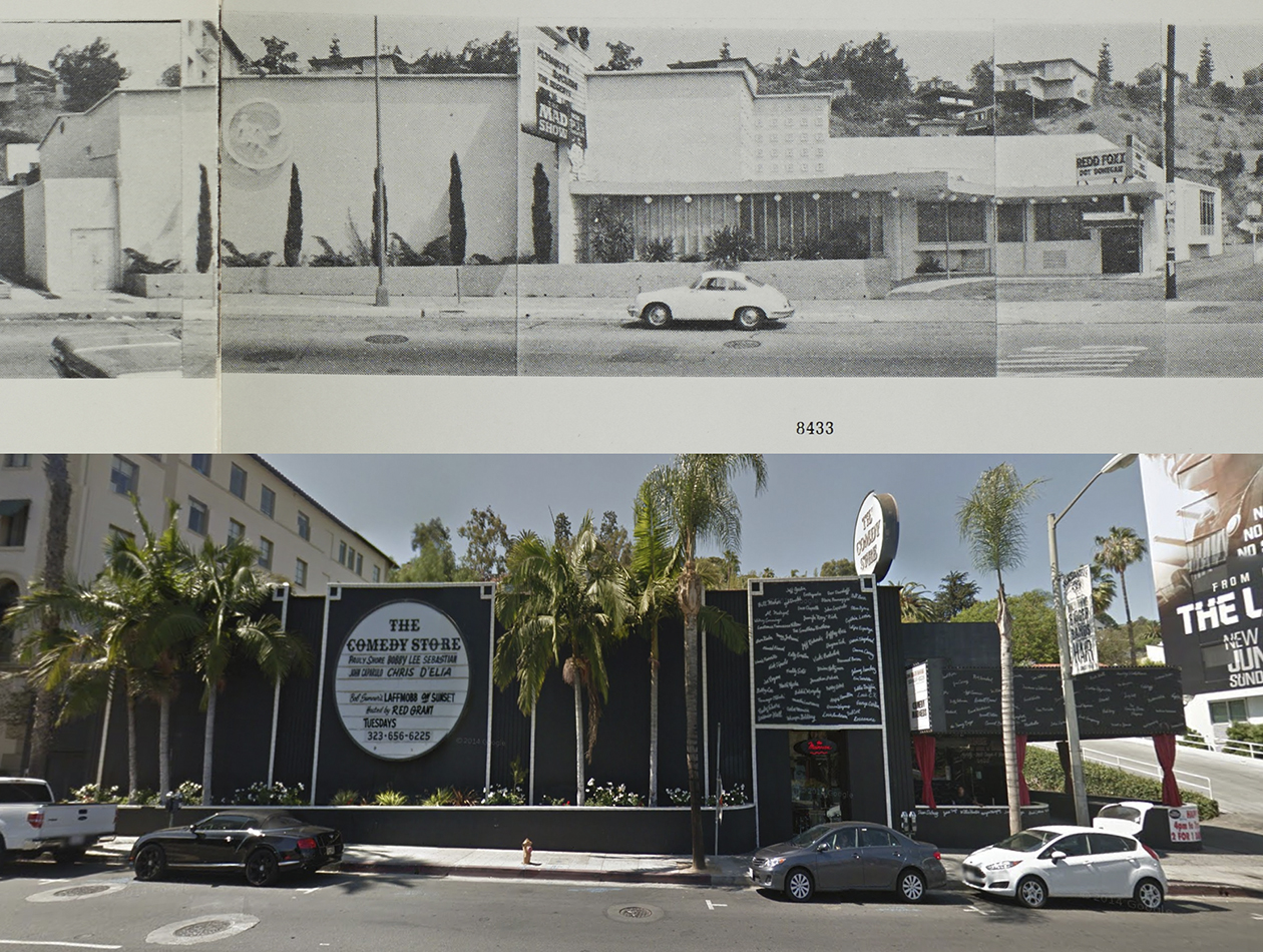 Unknown club and Comedy Store at 8430 Sunset Blvd, 1966 and 2014. Copyright Edward Ruscha (1966) and Google streetview (2014).