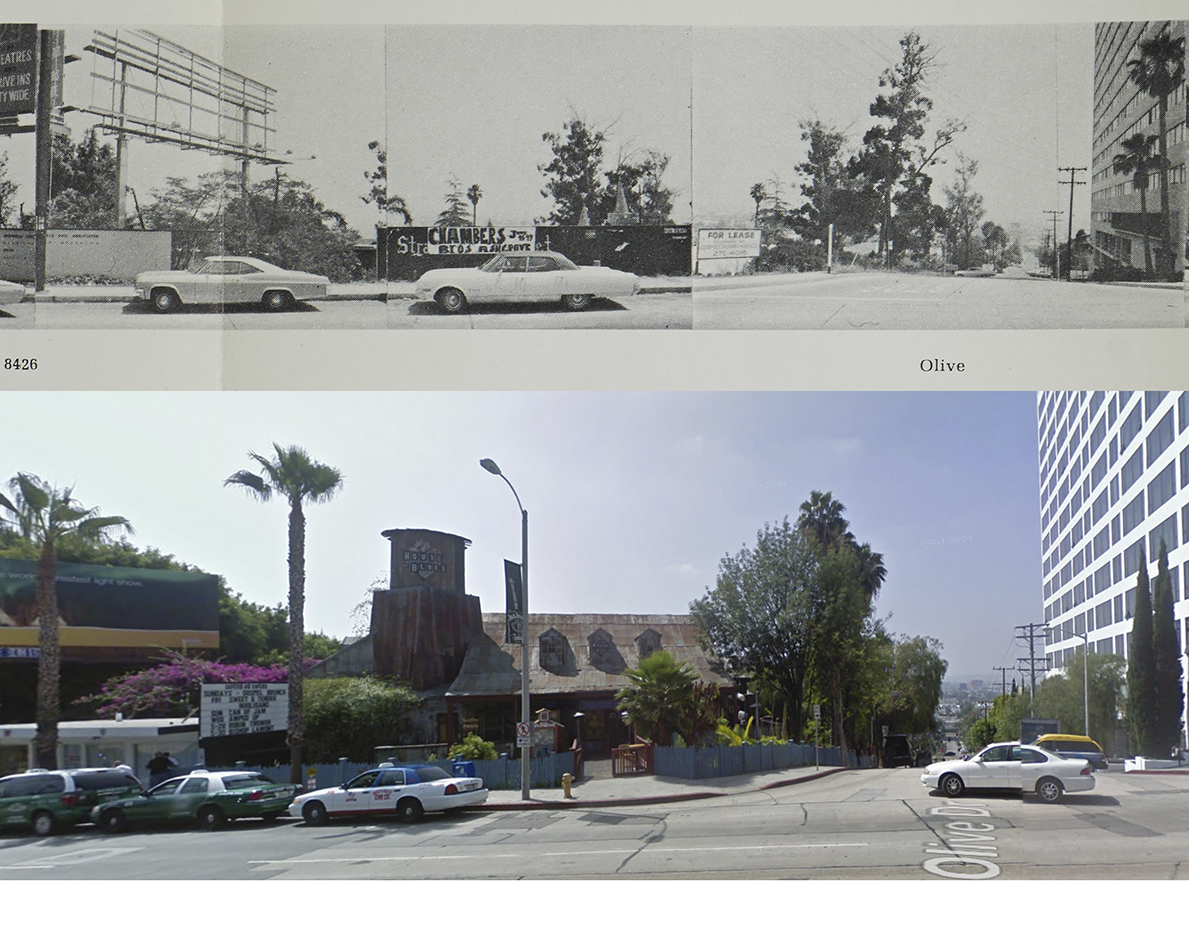 Empty lot and House of Blues at 8430 Sunset Blvd, 1966 and 2009. Copyright Edward Ruscha (1966) and Google streetview (2009).