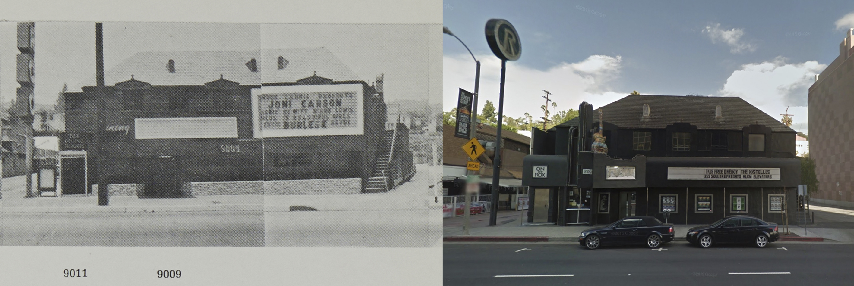 Largo, The Phone Booth and the Roxy Theatre at 9009 Sunset Blvd, 1966 and 2011. Copyright Edward Ruscha (1966) and Google streetview (2011).
